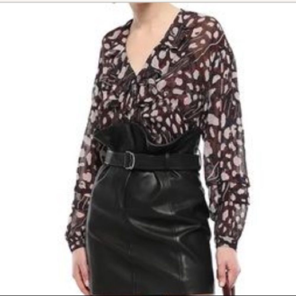 IRO animal print ruffle trim Realize Blouse top v-neck sheer blouse - Picture 2 of 13
